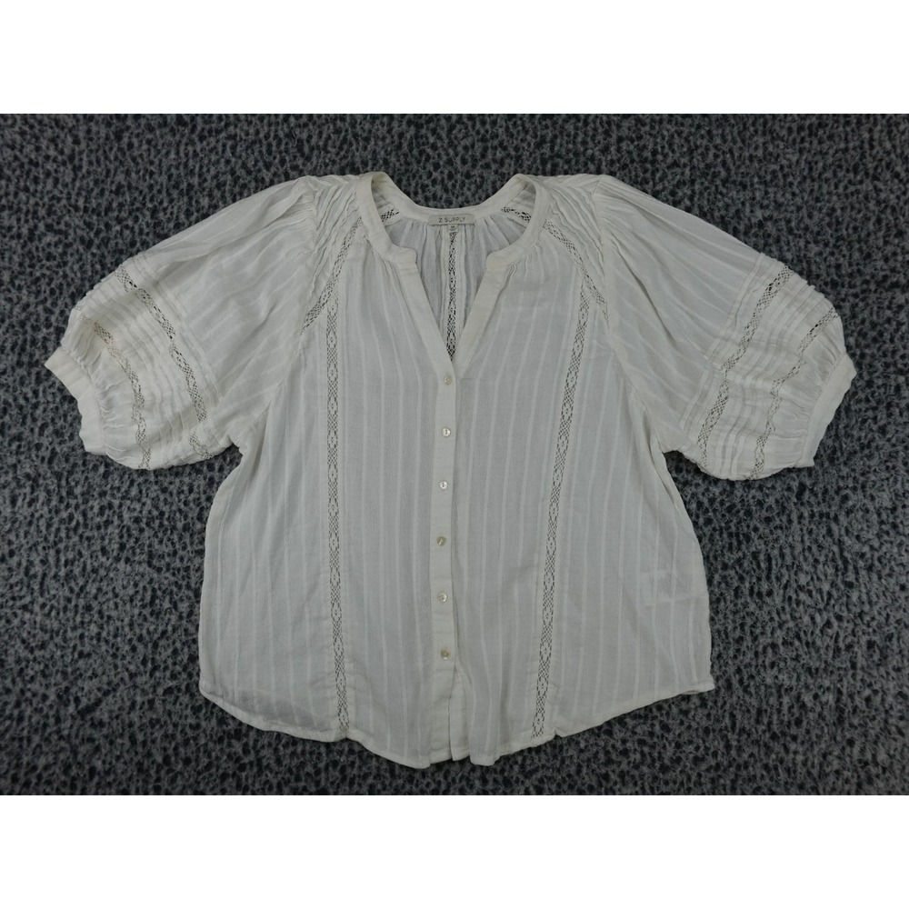 Z Supply Button Down Blouse Womens Medium White Good Lace Puff Sleeve ZT233957